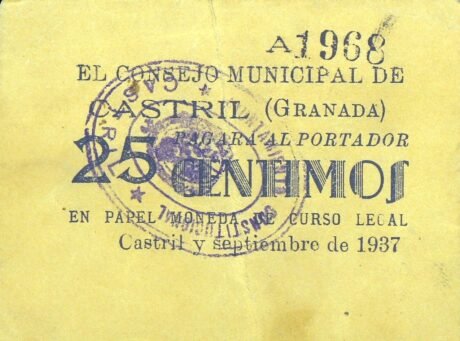 Аверс банкноты 25 сантимов Кастриль (Испания) 1937 года