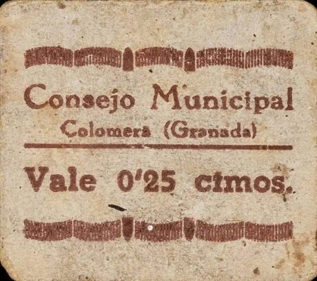 Аверс банкноты 25 сантимов Коломера (Испания)