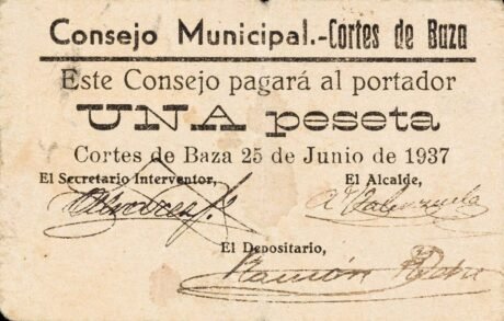 Аверс банкноты 1 peseta Cortes de Baza (Hiszpania) 1937