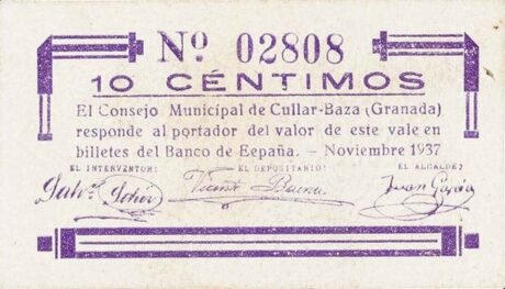 Аверс банкноты 10 сантимов Куллар-Баса (Испания) 1937 года