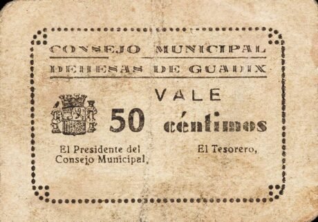 Аверс банкноты 50 centymów Deesas de Guadix (Hiszpania)