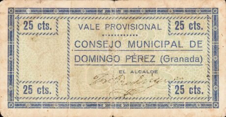 Аверс банкноты 25 centymów Domingo Perez (Hiszpania)