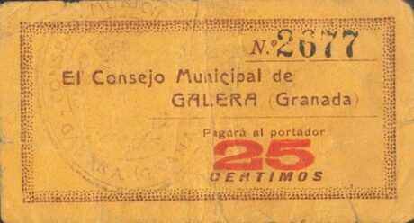 Аверс банкноты 25 centymów Galera (Hiszpania) 1937