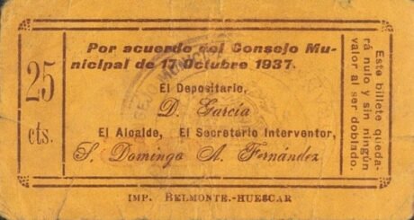 Реверс банкноты 25 centymów Galera (Hiszpania) 1937