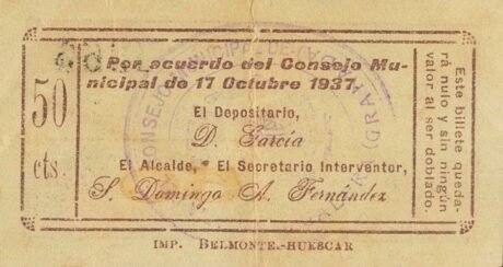 Реверс банкноты 50 centymów Galera (Hiszpania) 1937