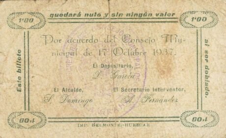 Реверс банкноты 1 peseta galera (Hiszpania) 1937