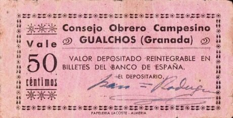 Аверс банкноты 50 centymów Gualchos (Hiszpania)