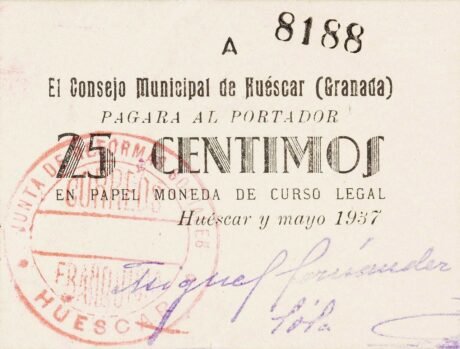 Аверс банкноты 25 centymów Huescar (Hiszpania) 1937