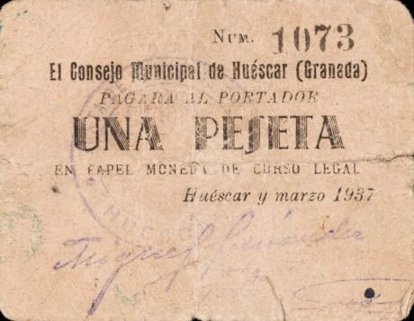 Аверс банкноты 1 Peseta Huéscar (Hiszpania) 1937