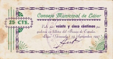 Аверс банкноты 25 centymów Lujar (Hiszpania) 1937