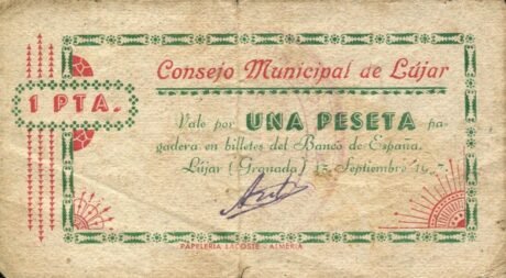 Аверс банкноты 1 peseta Lujar (Spain) 1937