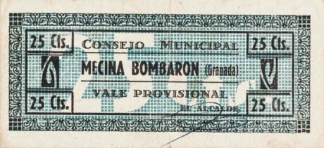 Аверс банкноты 25 centymów Mechina Bombarón (Hiszpania)
