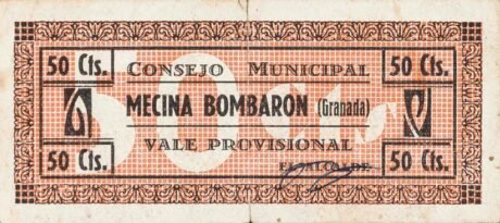 Аверс банкноты 50 сантимов Мечина Бомбарон (Испания)