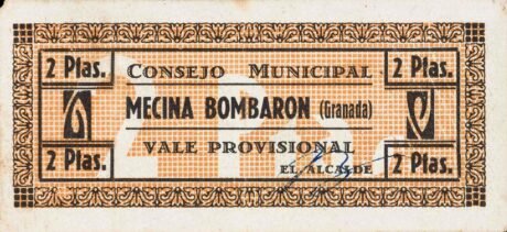 Аверс банкноты 2 Песеты Мечина Бомбарон (Испания)