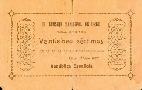 Аверс банкноты 25 сантимов Орсе (Испания) 1937 года