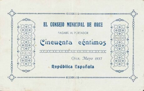 Аверс банкноты 50 сантимов орсе (Испания) 1937 года