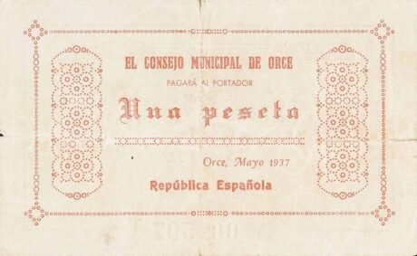 Аверс банкноты 1 peseta orce (Spain) 1937