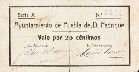 Аверс банкноты 25 сантимов Пуэбла де Дон Фадрик (Испания)