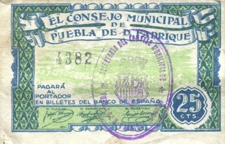 Аверс банкноты 25 centymów Puebla de Don Fadrik (Hiszpania) 1937