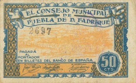 Аверс банкноты 50 centymów Puebla de Don Fadrik (Hiszpania) 1937