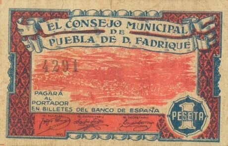 Аверс банкноты 1 Peseta Puebla de Don Fadrik (Hiszpania) 1937