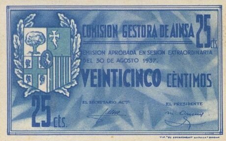 Аверс банкноты 25 centymów Ainsa (Hiszpania) 1937