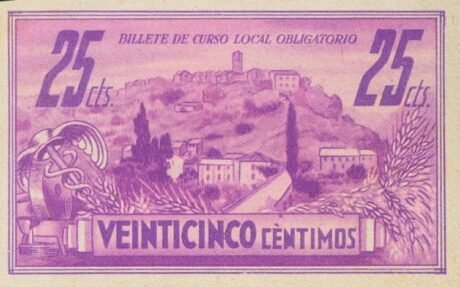 Реверс банкноты 25 centymów Ainsa (Hiszpania) 1937