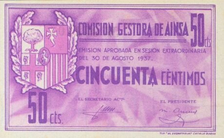 Аверс банкноты 50 сантимов Айнса (Испания) 1937 года