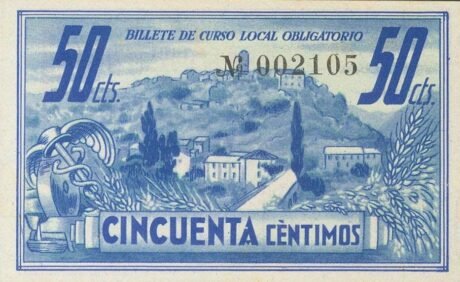 Реверс банкноты 50 сантимов Айнса (Испания) 1937 года