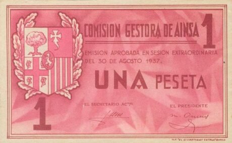 Аверс банкноты 1 peseta Ainsa (Spain) 1937