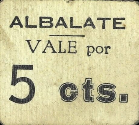 Аверс банкноты 5 сантимов Альбалате де Синка (Испания)