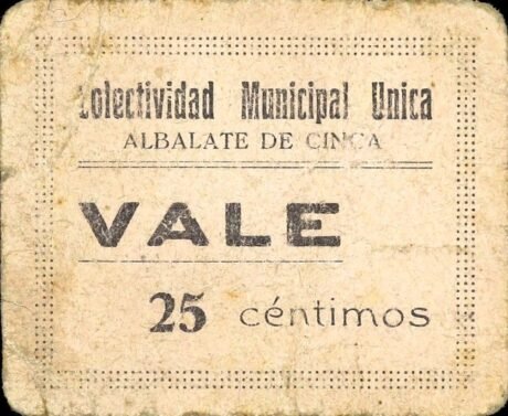 Аверс банкноты 25 centymów albalate de Cinca (Hiszpania)