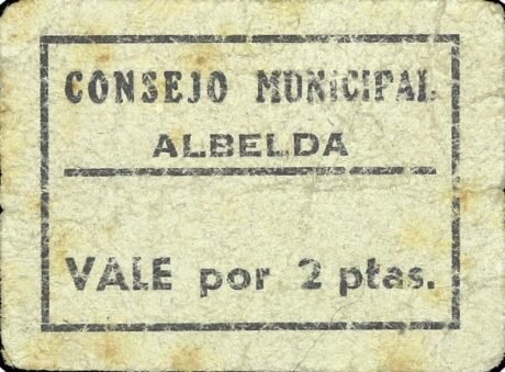 Аверс банкноты 2 песеты Альбельда (Испания)
