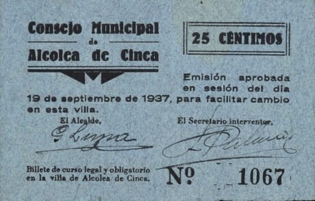 Аверс банкноты 25 centymów Alcolea de Cinca (Hiszpania) 1937