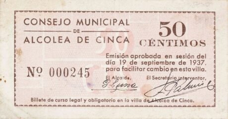 Аверс банкноты 50 centymów Alcolea de Cinca (Hiszpania) 1937