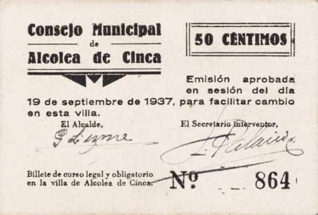 Аверс банкноты 50 centymów Alcolea de Cinca (Hiszpania) 1937