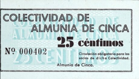 Аверс банкноты 25 centymów Almunia de Cinca (Hiszpania)