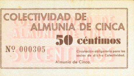 Аверс банкноты 50 centymów Almunia de Cinca (Hiszpania)