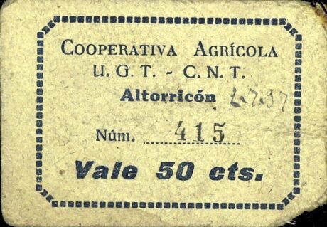 Аверс банкноты 50 сантимов Альторрикон (Испания)