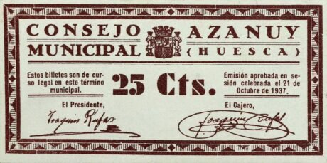 Аверс банкноты 25 centymów Azanui (Hiszpania) 1937