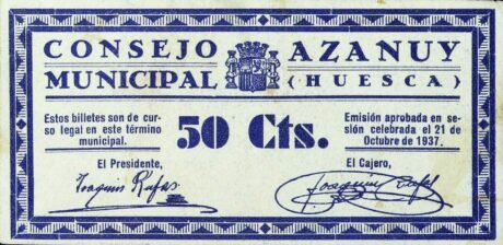 Аверс банкноты 50 centymów Azanui (Hiszpania) 1937