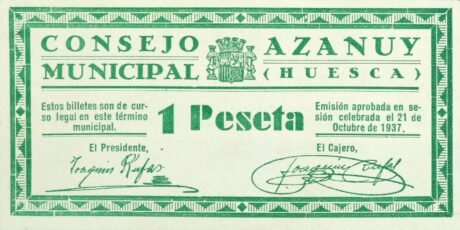 Awers banknotu 1 Peseta Azanui (Hiszpania) 1937