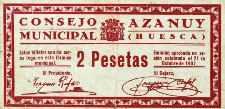 Аверс банкноты 2 песеты Азануй (Испания) 1937 года