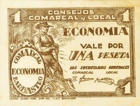 Аверс банкноты 1 песета Барбастро (Испания)