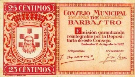 Аверс банкноты 25 сантимов Барбастро (Испания) 1937 года