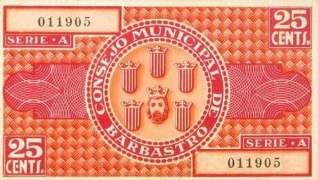 Реверс банкноты 25 сантимов Барбастро (Испания) 1937 года