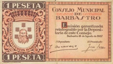 Аверс банкноты 1 peseta Barbastro (Hiszpania) 1937