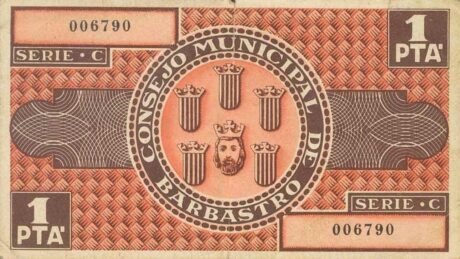 Реверс банкноты 1 peseta Barbastro (Hiszpania) 1937