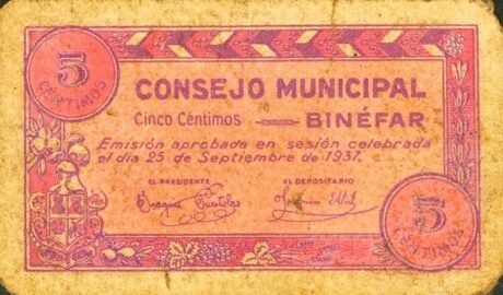 Awers banknotu 5 centymów Binefar (Hiszpania) 1937