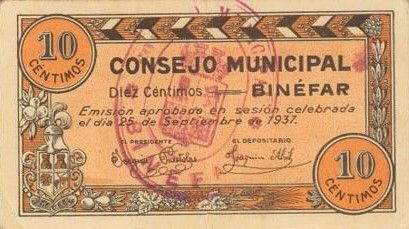 Аверс банкноты 10 centymów Binefar (Hiszpania) 1937